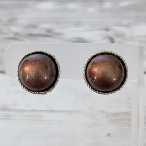 Vintage Clip On Earrings Domed Metallic Brown with Gold Tone Halo thumbnail 2