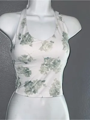 Hollister Womens White & Green Floral Crop Top Halter Tank size Small thumbnail 3