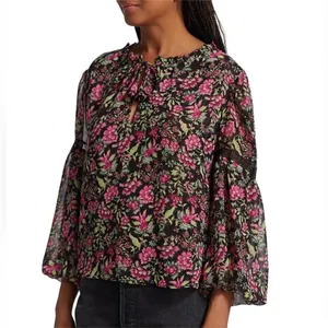 Misa Los Angeles Alicia Floral Coquette Prairie Blouse Vneck Ties Pink Black L thumbnail 3