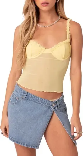 Edikted Mercy Sheer Mesh Bra Top Yellow  — Trendy going out top thumbnail 1