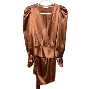 DRESS‎ FORUM Satin Bronze Brown Ruched Sleeve Wrap Mini Dress Sz S thumbnail 3