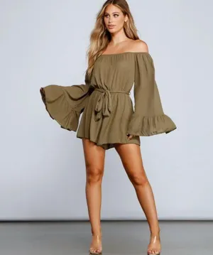 WINSOR Boho Romper shorts Bat Wing-Sleeve Military Green color- woman size XS thumbnail 1