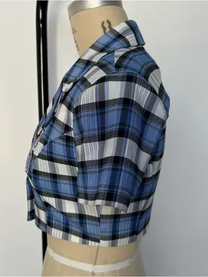 Blue Plaid Cropped Button thumbnail 4
