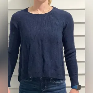 Navy sweater with brown leather elbow pads thumbnail 1