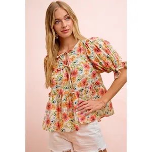 BiBi Flower Printed Shirring Detail Blouse Top - Flower - Medium thumbnail 12