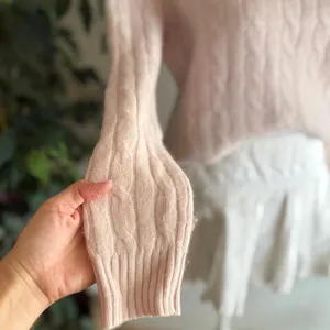 Baby Pink Cable Knit Cashmere Sweater Women's Crewneck Preppy Style thumbnail 3