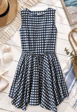 Vineyard‎ Vines Gingham Dress Blue White Sleeveless Southern Preppy Game Day XS thumbnail 1