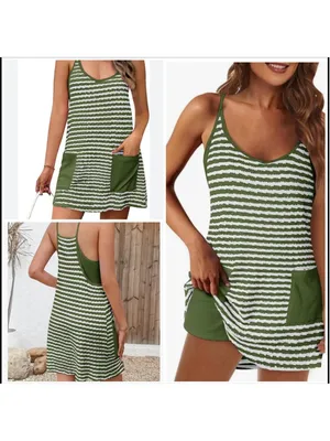 Green & White Striped Mini Dress with Pockets XL Built-in Shorts thumbnail 2