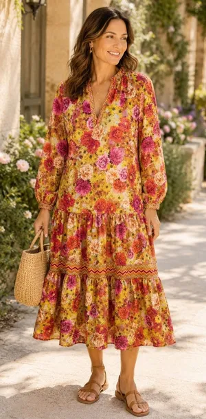 Current Air Los Angeles Floral Tiered Midi Dress Yellow Pink V-Neck Size‎ L thumbnail 1