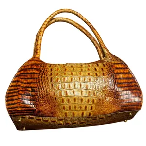 1990s Vintage Brahmin Warm Brown Croc Embossed Leather Shoulder Bag Gold Buckle thumbnail 2