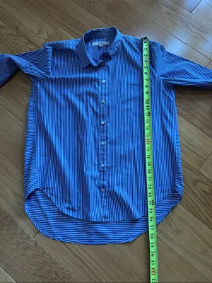 LOFT Blue & White Vertical Stripe Button-Down Shirt trumpet sleeve thumbnail 6