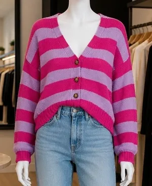 Hippie Rose Womens‎ Cardigan Pink Purple Striped Oversized Knit V-Neck Medium thumbnail 1