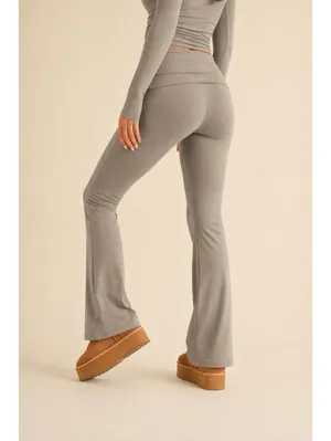 Kimberly C Soft Foldover Flare Pants Taupe Lounge Yoga Stretch Small thumbnail 2