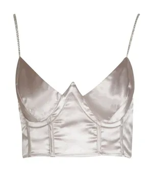 Boohoo Women's Size 6 Satin Diamante Strap Corset Top Silver Zip Back Rhinestone thumbnail 1