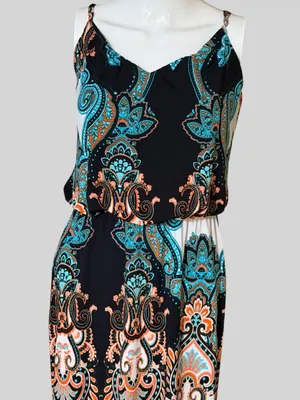 S-Twelve Black Maxi Dress with Teal & Coral Paisley thumbnail 2