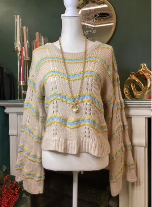 Alya Knit Sweater Womens Medium Tan Blue Yellow Excellent‎ Bell Sleeve thumbnail 1