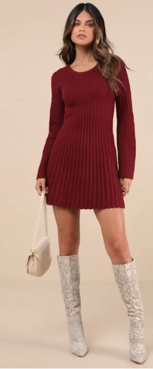 LULU's Chic Sexy Casual Ribbed Stretch Long Sleeve Warm Cozy Sweater Skate Dress thumbnail 1