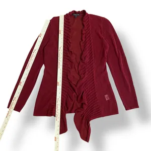 Eileen Fisher‎ Wine Red Linen Blend Open Knit Open Front Ruffle Cardigan Size XS thumbnail 4
