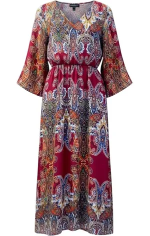 Signature Collection Paisley Maxi Dress M Burgundy Red Boho V-Neck Bell Sleeve thumbnail 1