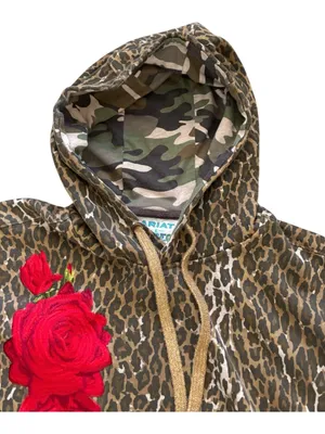 Ariat x Rodeo Quincy Hoodie XL Leopard Print Camo & Embroidered Rose Logo Sleeve thumbnail 5