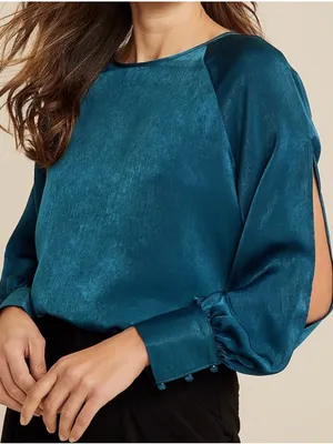Maurices Women’s Fallon Satin‎ Blouse XL Split Relaxed Pullover Blue Keyhole NWT thumbnail 1