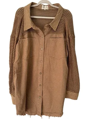 Oli & Hali Brown Check Oversized Frayed Mix Media Tunic Shirt Medium thumbnail 1
