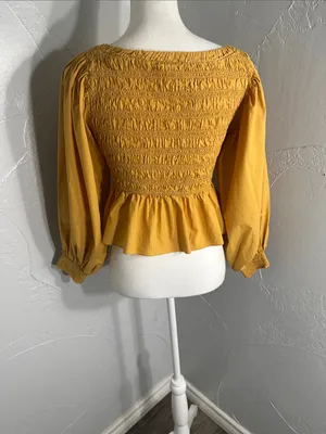 Free People mustard Yellow Smocked Peplum Blouse. thumbnail 7