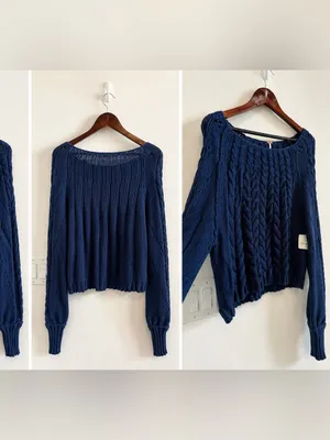 Free People Cable Stitch Pullover Sweater in Blue Sz M thumbnail 4