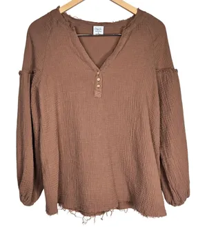 Cozy Co By Cozy Casual‎ Brown Gauze Cotton Henley Blouse L3324C M thumbnail 1