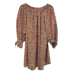 Paisley Vine Tunic Top Brown Boho Smocked Neck Tie Cuff Polka‎ Dot Womens Large thumbnail 5