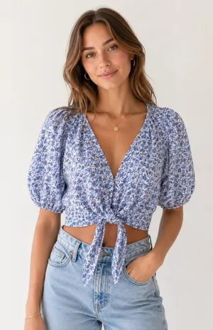 Abercrombie & Fitch Linen Blend Floral Tie Front Crop Top Puff Sleeve XS thumbnail 1