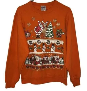 Jerzees Sweater All Over Graphic Print Vintage Ugly Christmas Sweatshirt Glitter thumbnail 1