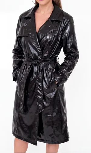 INC Glossy Black Patent Leather Belted Midi Trench Coat Goth Glam witchy 90s y2k thumbnail 1