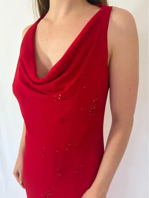 Jones New York Red Beaded Cowl Neck Formal Elegant Evening Dress thumbnail 3