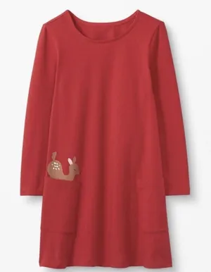 Hanna Andersson Peeking Deer Pocket Dress Womens Size 8 Red Woodland Cotton thumbnail 1