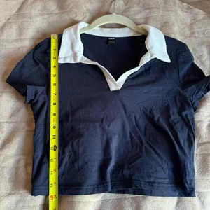 SheIn Navy Blue & White Cropped Cotton Polo T-Shirt thumbnail 7