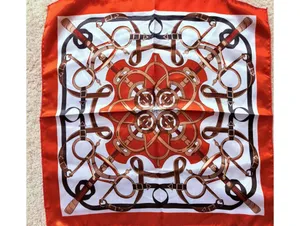 Women's Square Scarf Satin Equestrian Print Logo Orange White Brown thumbnail 5