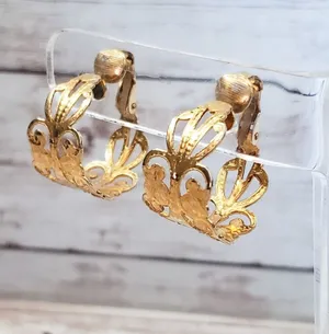 Vintage Clip On Earrings - Ornate Chunky Gold Tone Cut Out Hoops thumbnail 1