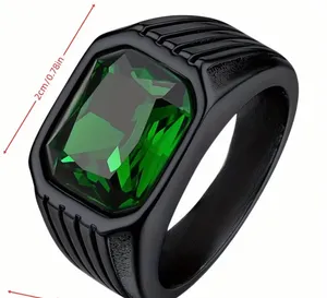 & Other Stories Men’s Wide Black Band with Ridges with Green Gemstone Size 10 thumbnail 2