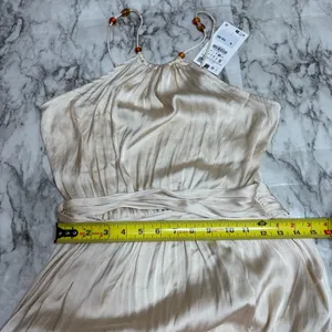 Zara Ivory Satin Effect Beaded strapless dress Size small classic side slit NWT thumbnail 8