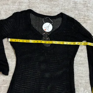 Anrabess Women’s Small Black Crochet Swimsuit Coverup Dress Long Sleeve Plunging thumbnail 2