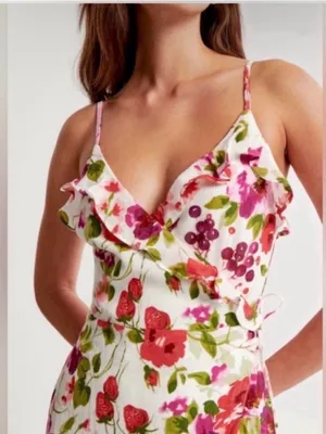Abercrombie & Fitch Floral & Strawberry Ruffle High Low Dress XXS Tall NWOT thumbnail 3