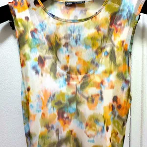 Zara Tulle Mesh Ruched Midi Abstract Colorful Watercolor Dress Small thumbnail 7