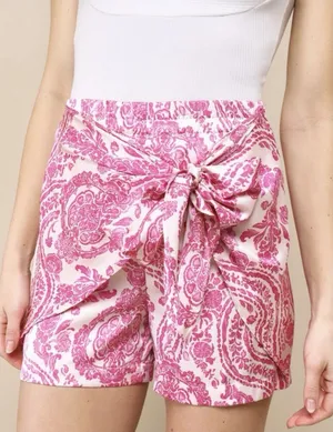 Lulus Satin Ivory Magenta Satin High-Waisted Boho Print Tie-Front Shorts X-Small thumbnail 1