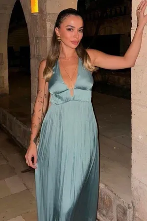 Zara maxi dress boho pleated Teal Evening Gown wedding party cocktail thumbnail 1