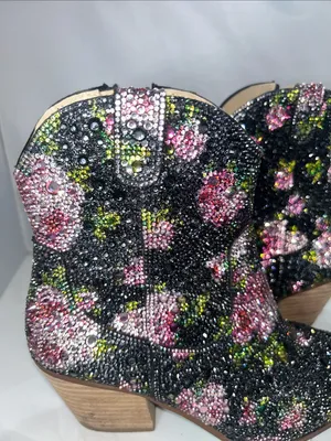 Betsey Johnson Diva Black Crystal Floral Ankle Cowboy Boots Size 6M thumbnail 9