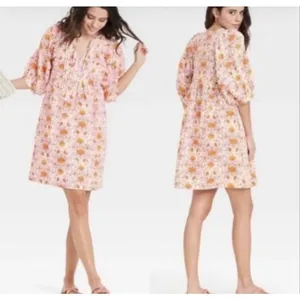 Universal Thread orange pink bohemian floral puff sleeve dress xs thumbnail 2