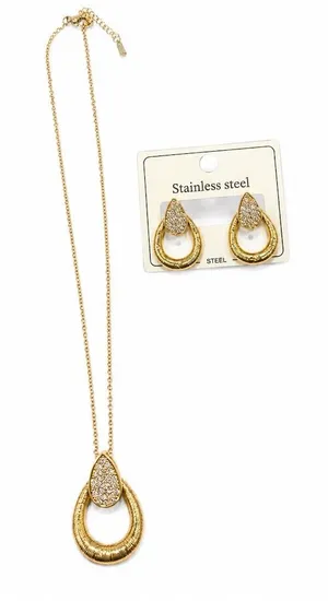 Gold Teardrop CZ Necklace & Earrings Set Clear Pendant Dangle Jewelry Set thumbnail 1