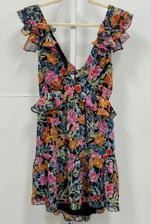 AQUA Floral‎ Metallic Ruffle Mini Dress Open Back Tie Multi Color Large Summer thumbnail 1