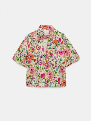 Zara Floral Tie-Front Puff Sleeve Top - Pink, Orange, Green thumbnail 2